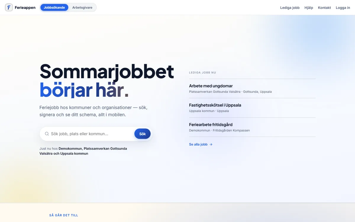 The Ferieappen front page: a job search with live listings from Uppsala kommun, Platssamverkan Gottsunda Vals&auml;tra and a demo municipality.