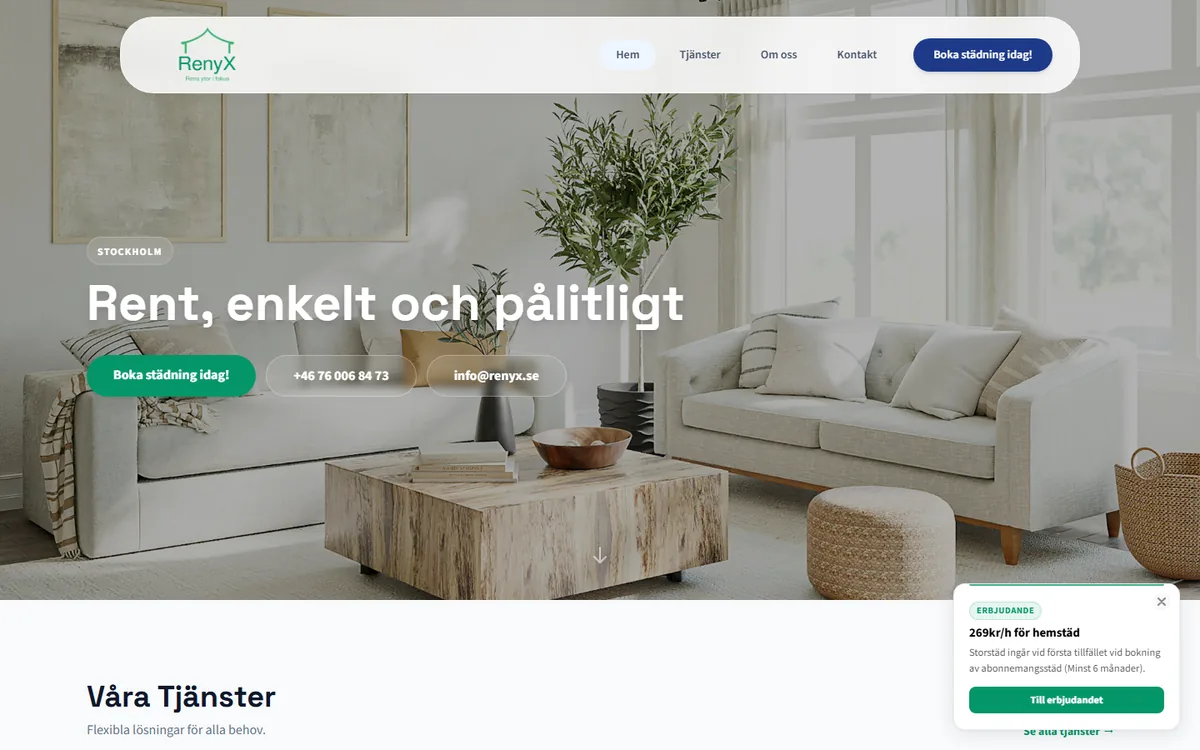 The Renyx site: a living room behind the headline, with booking and contact buttons and the current offer.